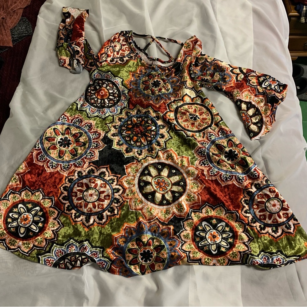 Olive and Rust Bell Sleeve Dress with Back Cross Straps Bohemian 70s Vibe